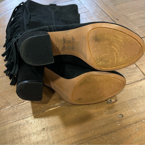 Nine West Black Suede Leather Fringe Mid Calf  Western Heel Pull On Boots Sz 7.5 - Picture 8 of 12